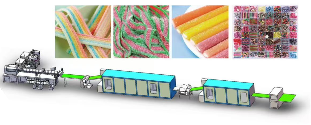 Liquorice candy production line layout: cooking and vacuum section, multi-colour extruder, cooling tunnels and cutting table, with examples of multi-colour liquorice ropes and sour candy products