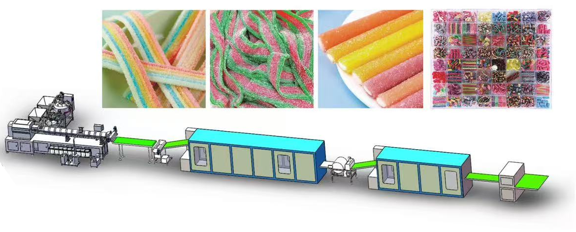Liquorice candy production line layout: cooking and vacuum section, multi-colour extruder, cooling tunnels and cutting table, with examples of multi-colour liquorice ropes and sour candy products