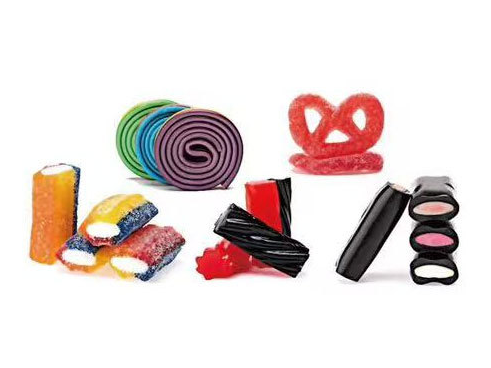 Assorted liquorice and chewy candy products: liquorice rolls, sour filled pieces, rainbow ropes and co-extruded chews