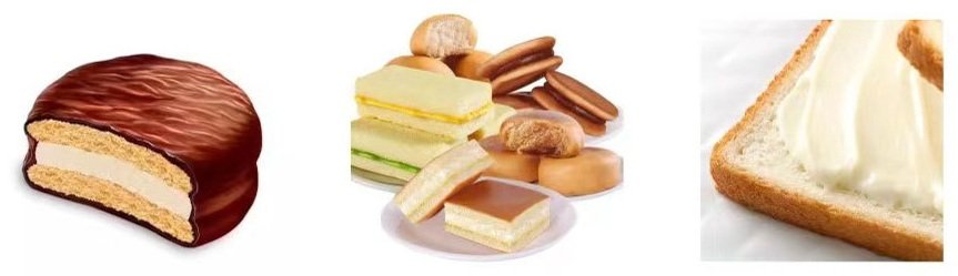 Aerated cream fillings in chocolate-coated sandwich cookies, layered wafer biscuits and a filled bread snack