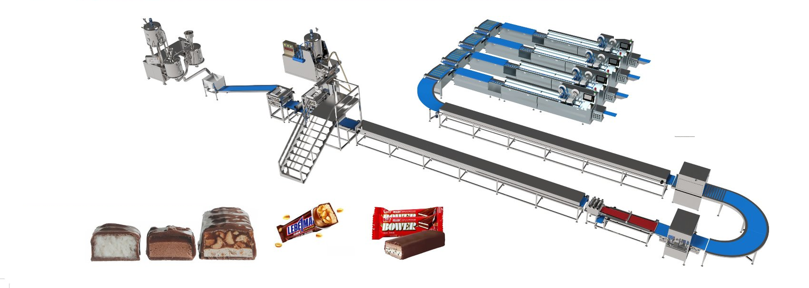 Complete candy bar production line with cooking, forming, cooling, slitting, enrobing and packaging sections, shown with sample candy bars
