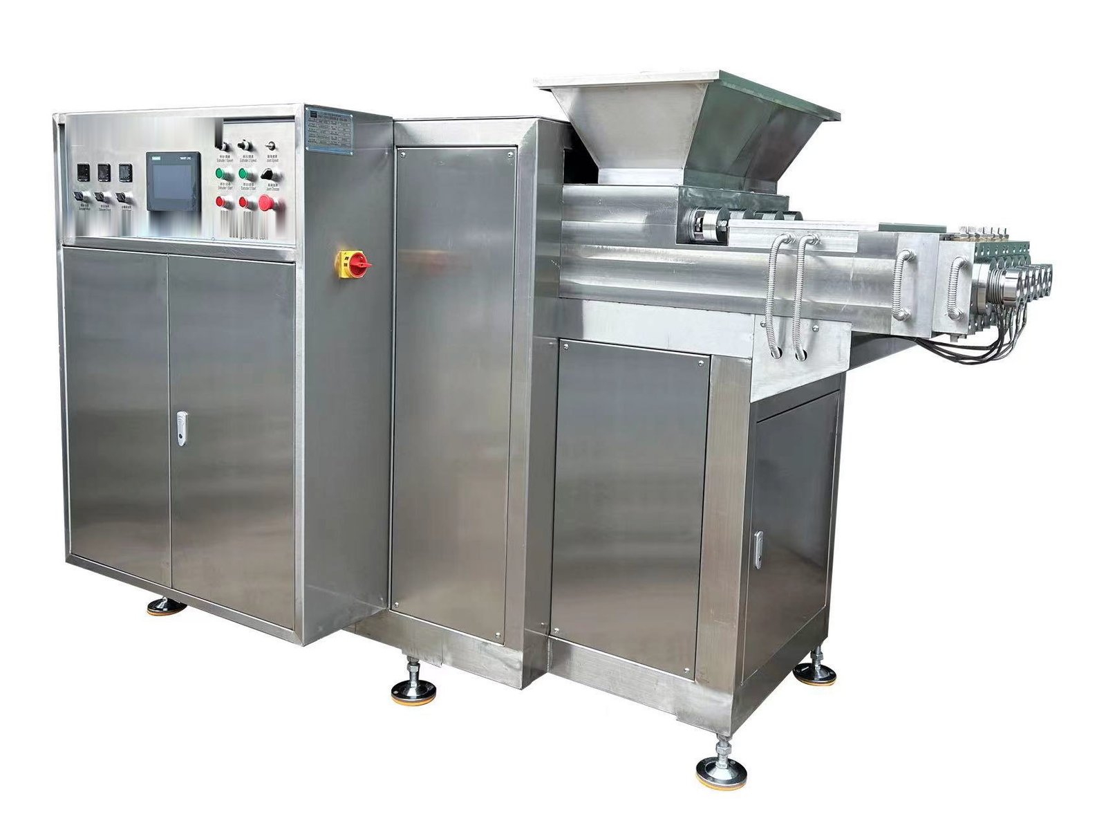 Compact double-colour candy extruder with stainless steel frame, touch-screen PLC panel and twin extrusion heads
