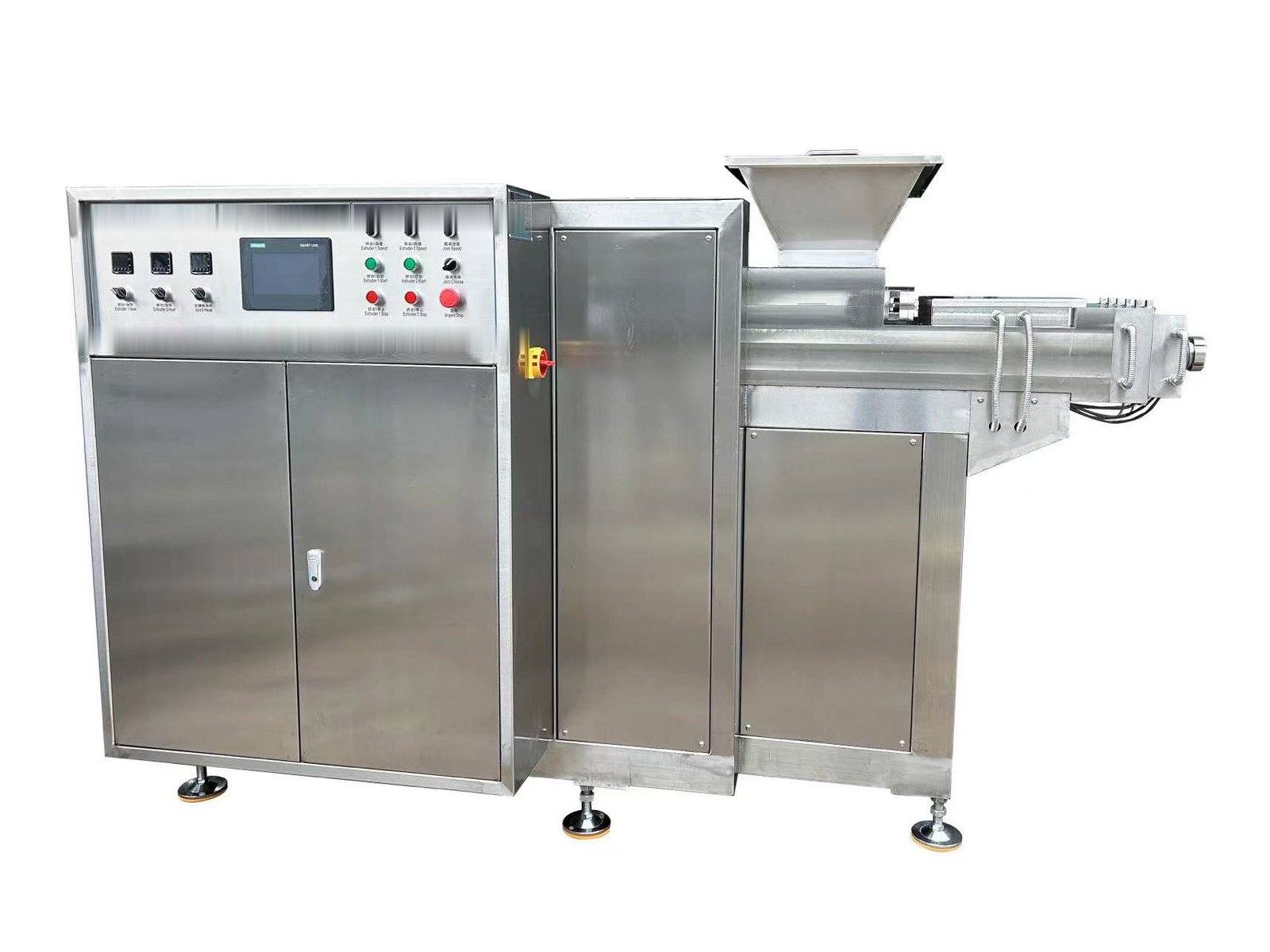 Wide double-colour candy extruder with stainless steel control cabinet, jacketed barrel and large feed hopper