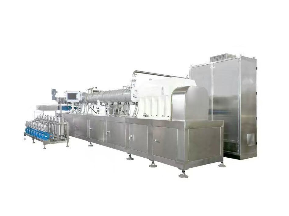 Complete stainless steel candy extrusion line with extruder, cooling conveyor, rope sizing and packing machine