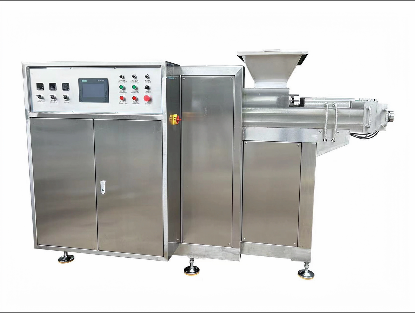 Double-colour gummy extruder machine with PLC touch screen control panel, stainless steel cabinets and feed hopper for two-colour rainbow gummy production
