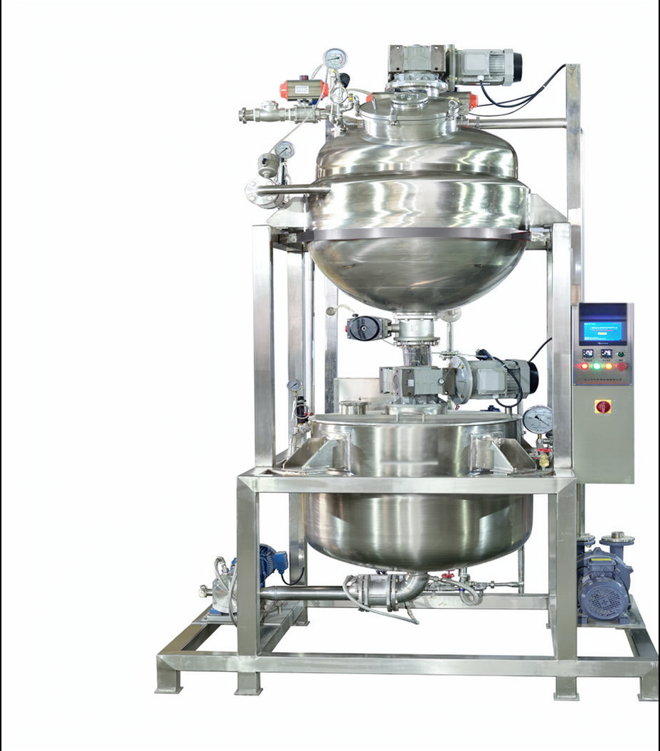 Double-vessel vacuum cooking and aeration system with stirrer motors, vacuum piping and PLC control cabinet