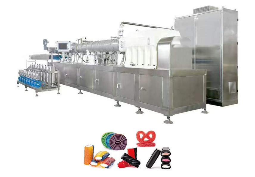 Gummy and licorice extruder line with sample products: licorice rolls, gummy shapes and sugar-sanded filled candies