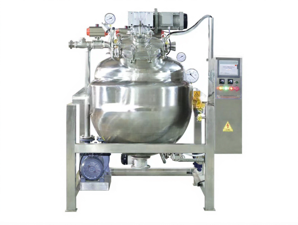 Stainless steel vacuum toffee cooker machine with jacketed cooking pan, scraper stirrer motor, vacuum piping and PLC touch screen control cabinet