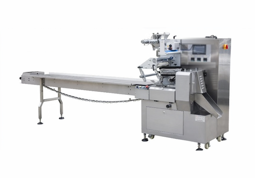 three-servo candy pillow packing machine with long stainless steel infeed conveyor